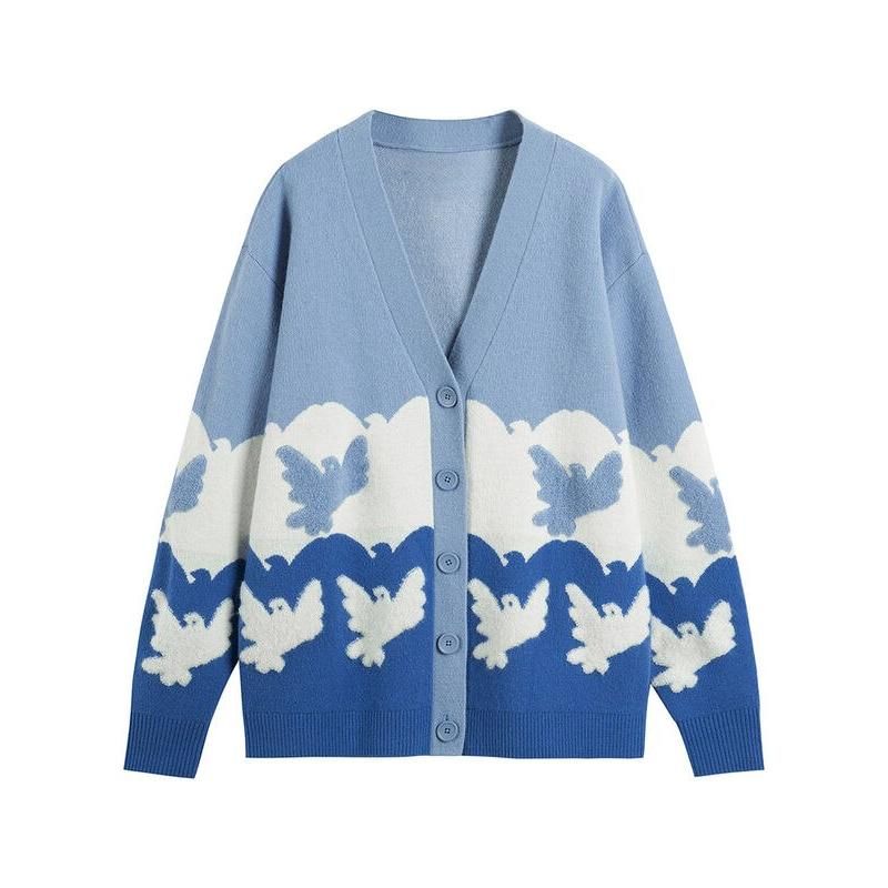 Chic Autumn Women's V-Neck Knit Cardigan with Elegant Pigeon Pattern