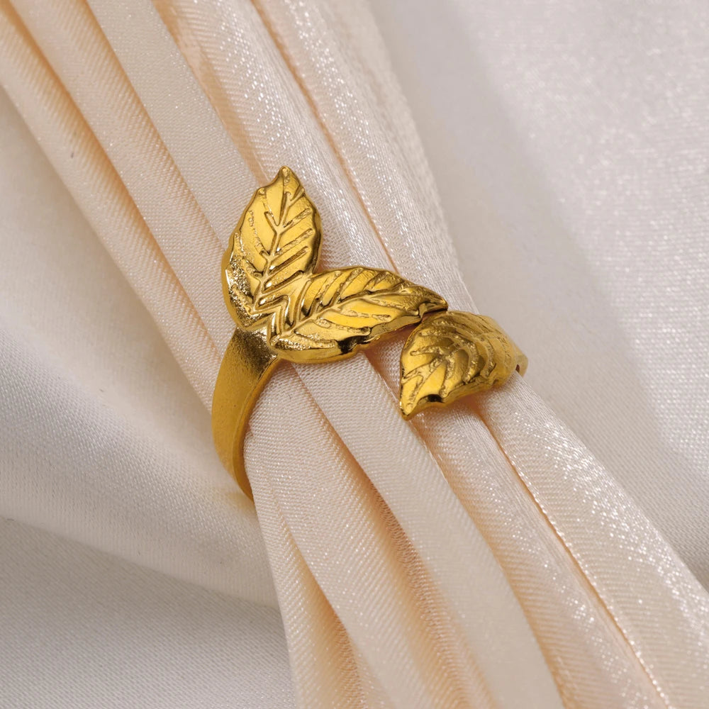 Adjustable Gold Leaves Ring for Women - Stainless Steel Statement Jewelry