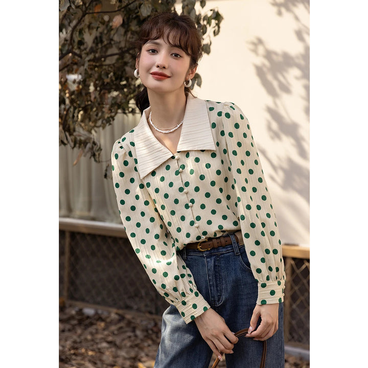 Vintage Polka Dot Polo-Neck Blouse for Office Ladies