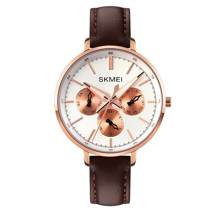 Fashion Six-pin Genuine Leather Women's Retro Round Quartz Watch