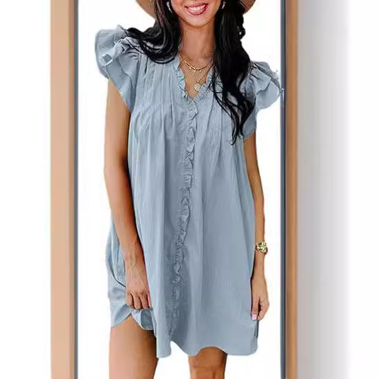 European And American Fashion V-neck Flounce Short Sleeve Dress Women