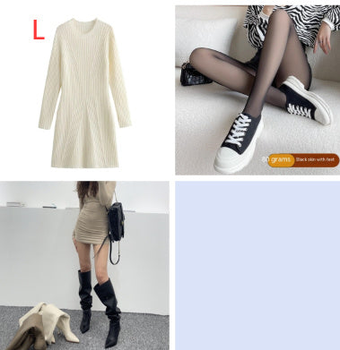 Textured Round Neck Long Sleeve Slim Knit Dress