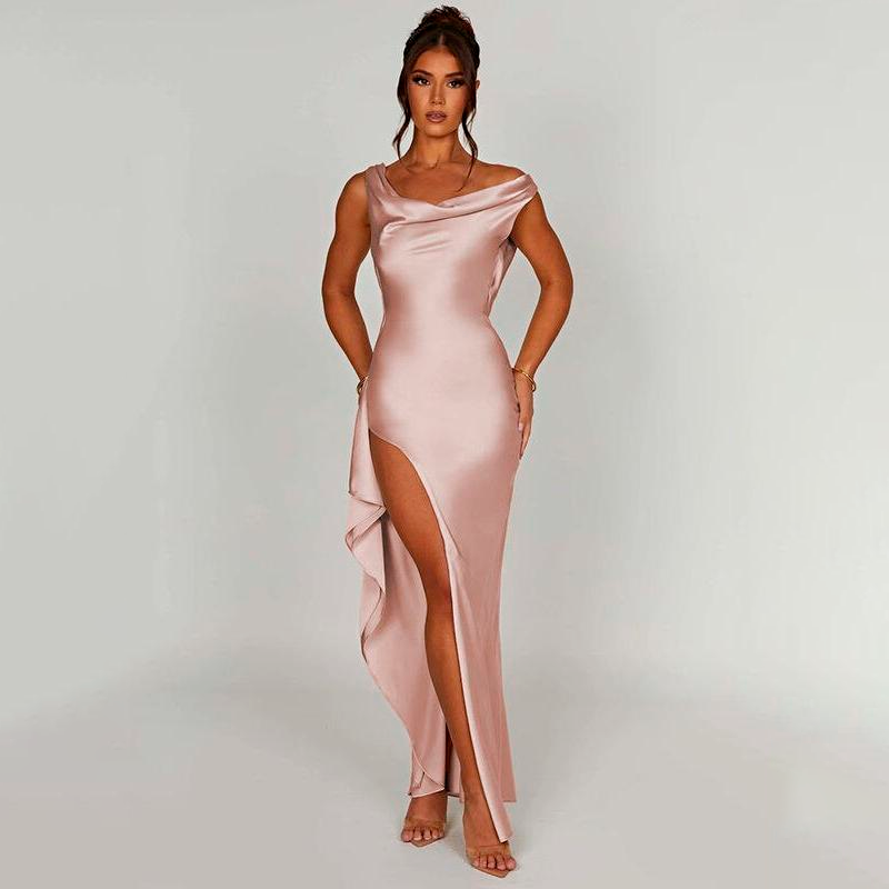 Elegant Satin Backless Split Maxi Dress