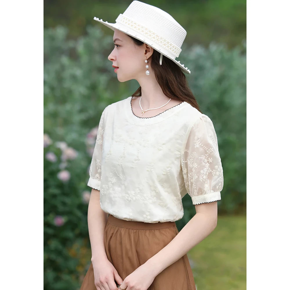 Elegant Floral Embroidered Blouse with Puff Sleeves