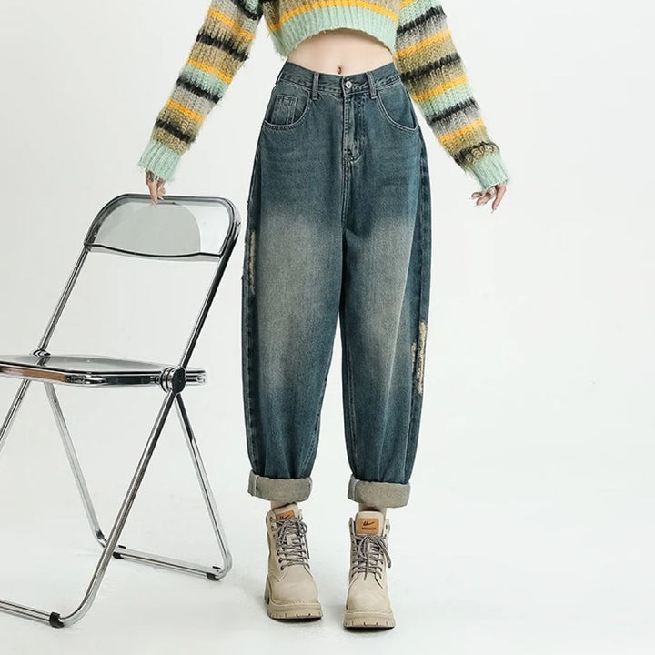 Vintage Loose Slim Ripped Women's Jeans - Blue High Waist Casual Harem Pants