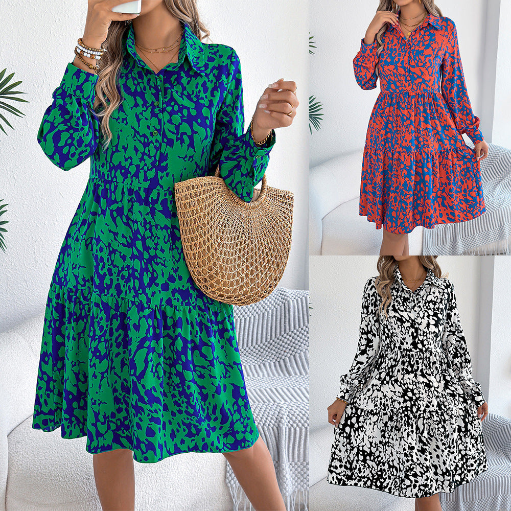 Casual Loose Contrast Color Leopard-print Long-sleeved Shirt Dress