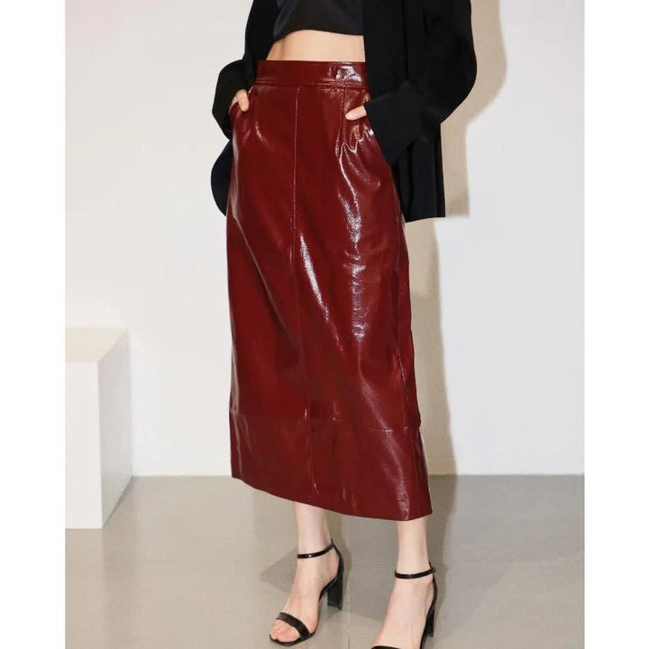 High Waist Reflective PU Leather Midi Pencil Skirt