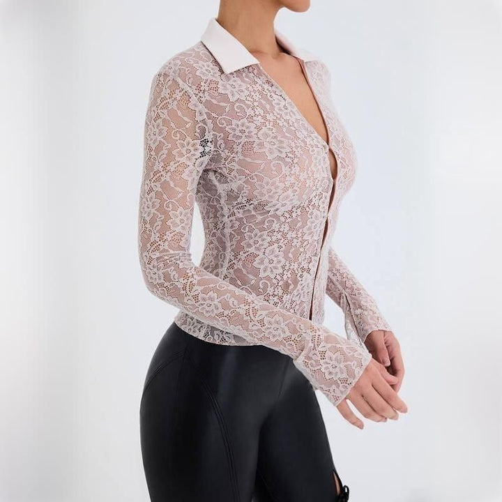 Chic Lace Flare Sleeve T-Shirt with Turn-down Collar