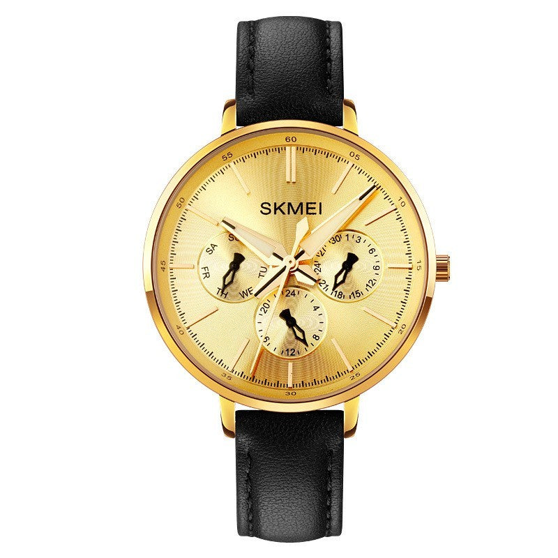 Fashion Six-pin Genuine Leather Women's Retro Round Quartz Watch