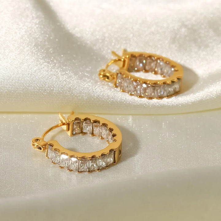 Trendy Waterproof Gold Stainless Steel Hoop Earrings with Cubic Zirconia