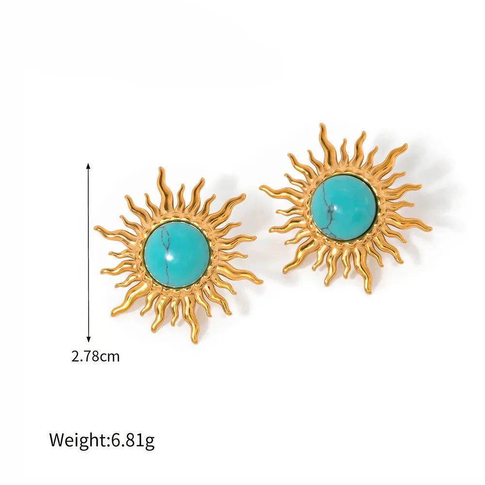 Gold Plated Turquoise Inlay Sunflower Dangle Earrings