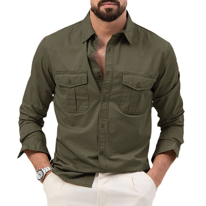 Men's Shirt Multi-pocket Solid Color Casual Long Sleeves Top