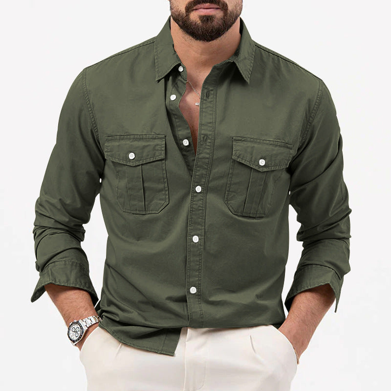 Men's Shirt Multi-pocket Solid Color Casual Long Sleeves Top