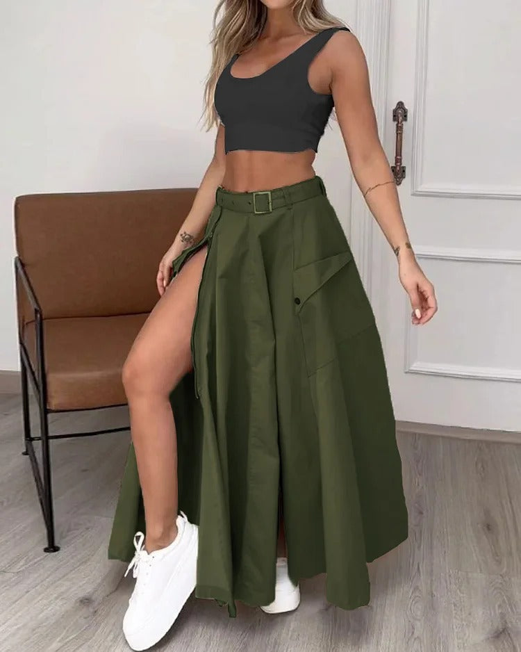 Ladies Suit Summer New Sleeveless Solid Color Slit Two-piece Set