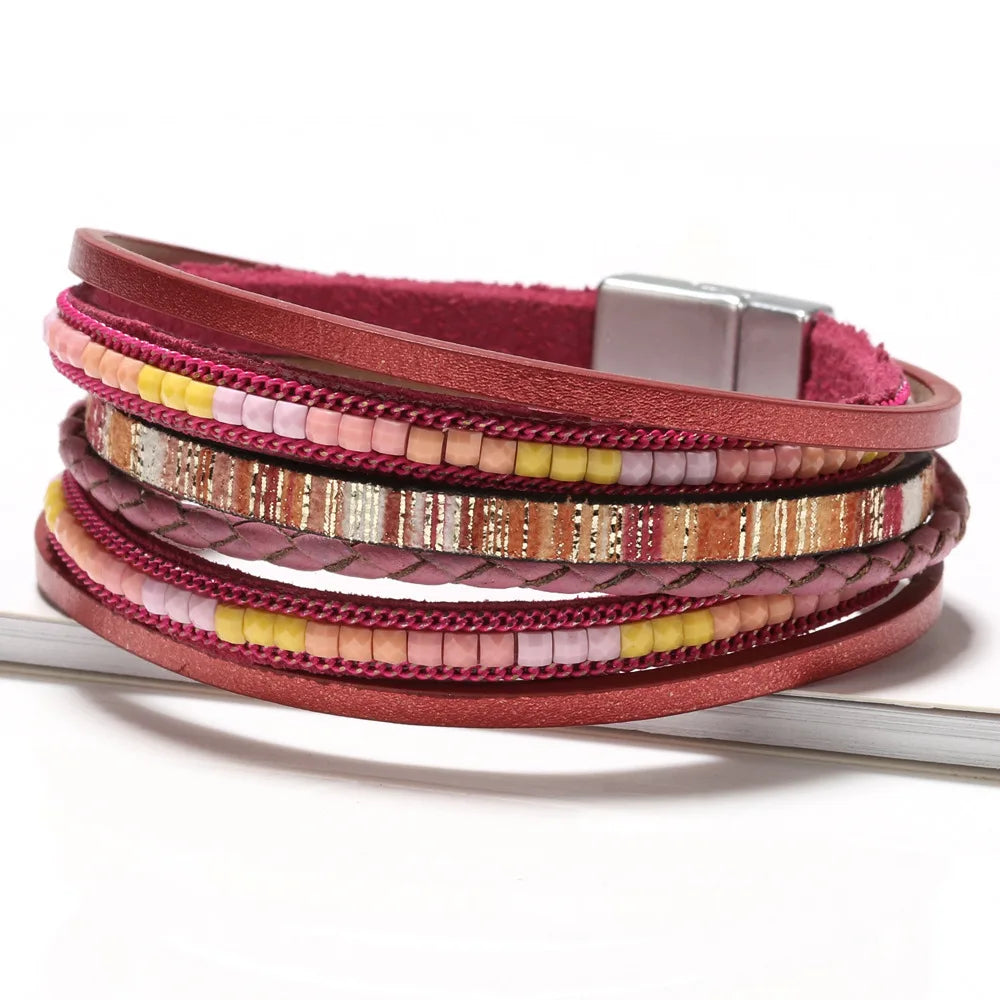 Handwoven Bohemian Leather Bracelet with Magnetic Buckle