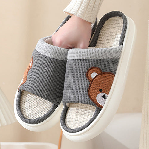 Cute Cartoon Bear Linen Slippers For Women Indoor Non-slip Sweat-absorbent Breathable Slip On Floor Bedroom Slipper House Shoes