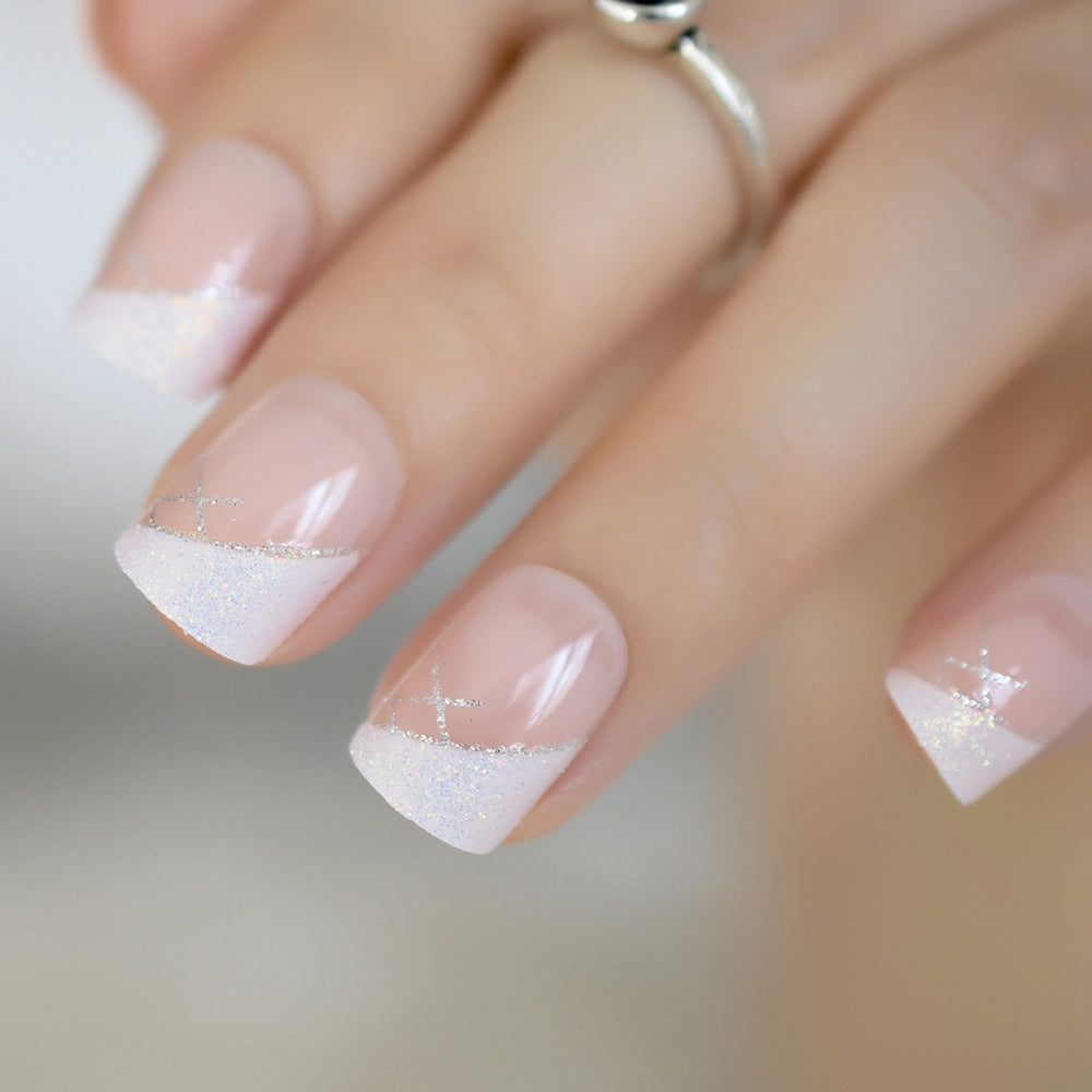 Iridescent White Glitter Short Square French Nails