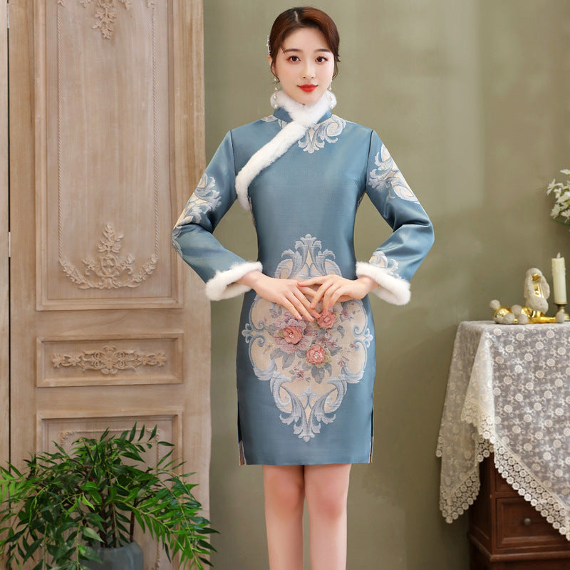 Winter Women's New Improved Brocade Jacquard Silk Flower Cheongsam Dress