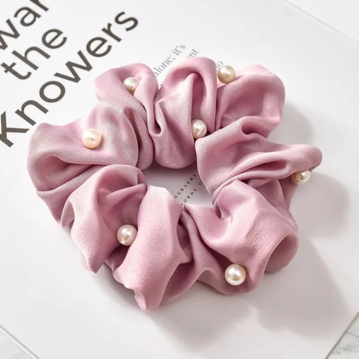 Satin Silk Pearl Hair Scrunchies – Stylish Elastic Hair Accessories