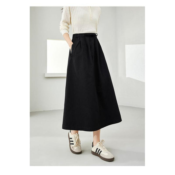 Elegant Black Cotton Midi Skirt with Pockets