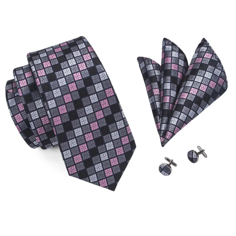 Elegant Grey Plaid Silk Tie Set with Cufflinks and Pocket Square