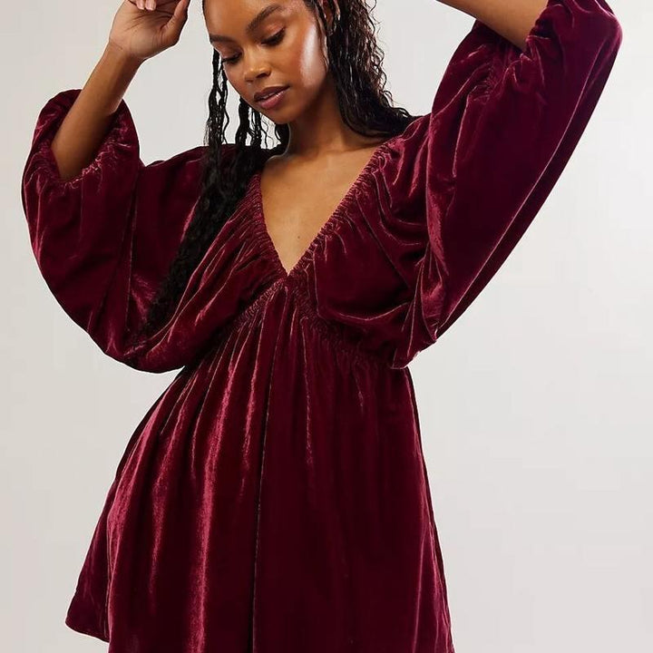 Retro Velvet V-Neck Puff Sleeve Mini Dress