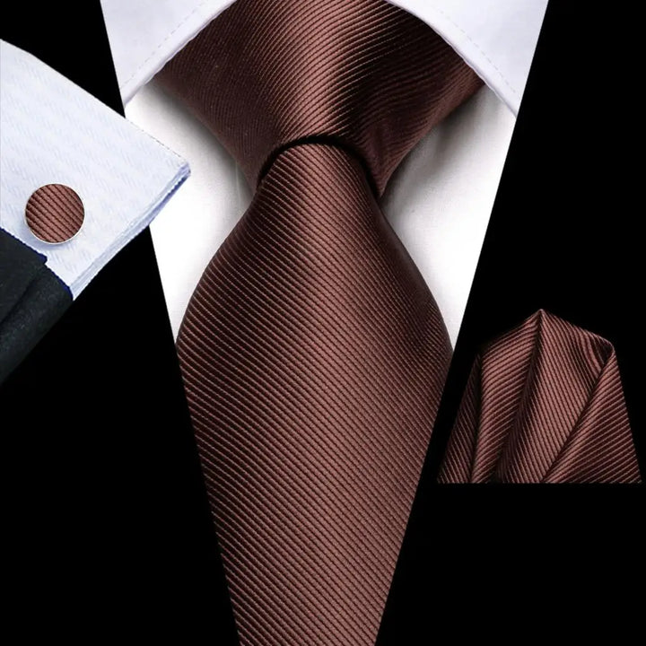 Solid Coffee Brown Silk Tie with Cufflinks & Pocket Square for Weddings & Business