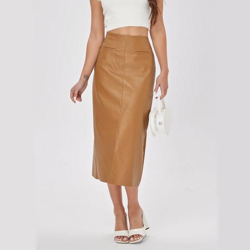 Elegant High-Waist Faux Leather Straight Skirt