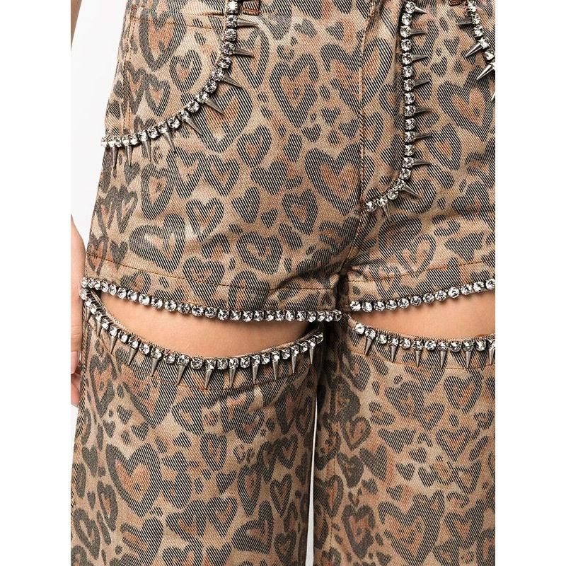 High Waist Patchwork Leopard Denim Trousers