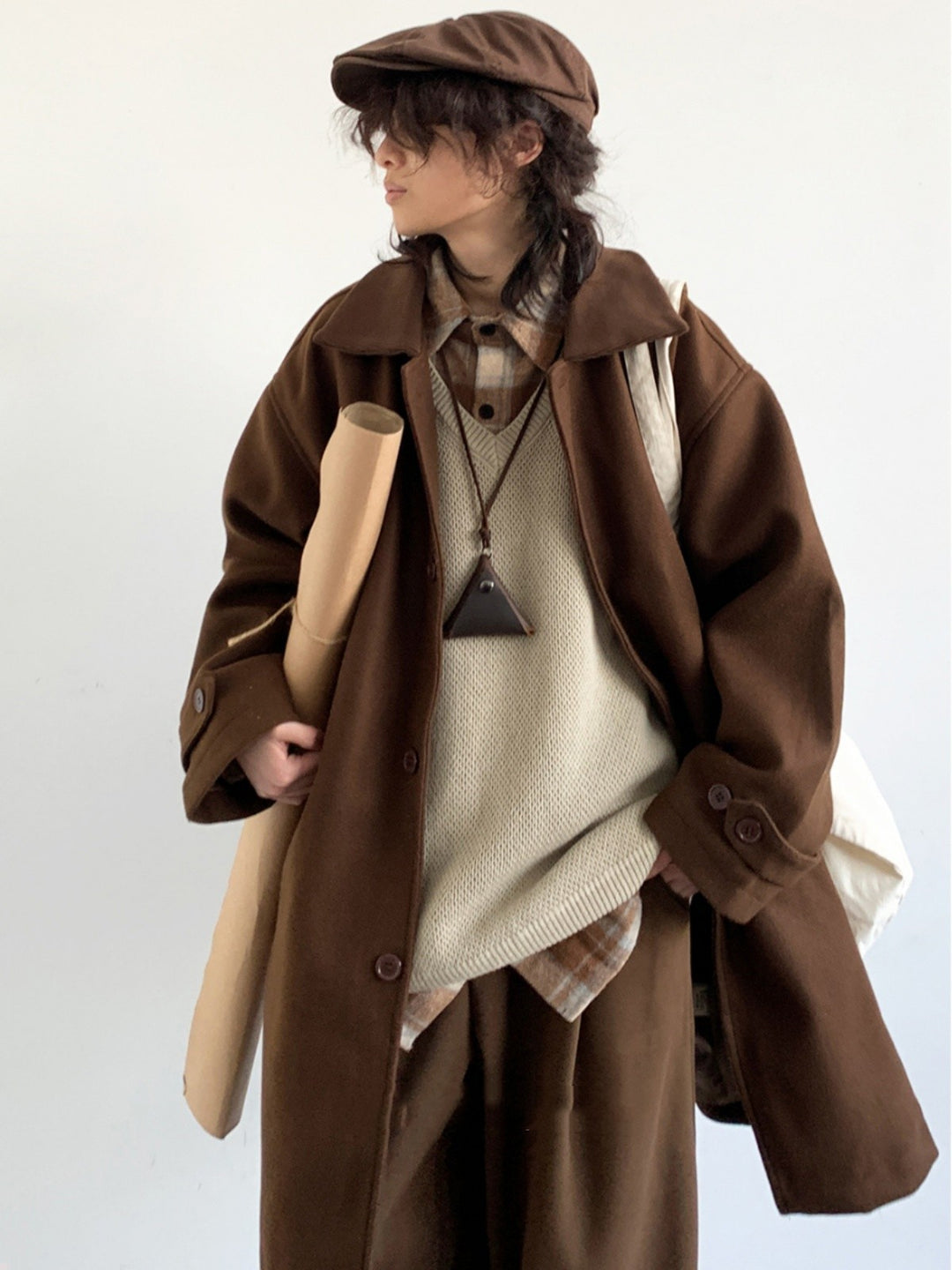 Japanese-style Retro Brown Woolen Coat