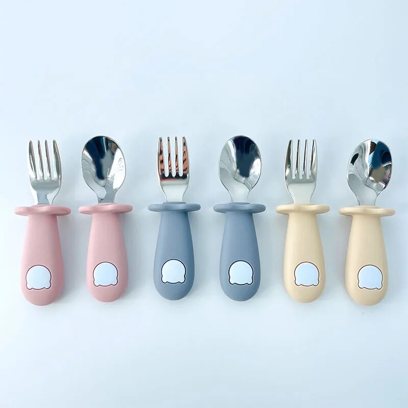 Cartoon Stainless Steel Kids' Cutlery Set - Toddler Safe Feeding Spoon and Fork