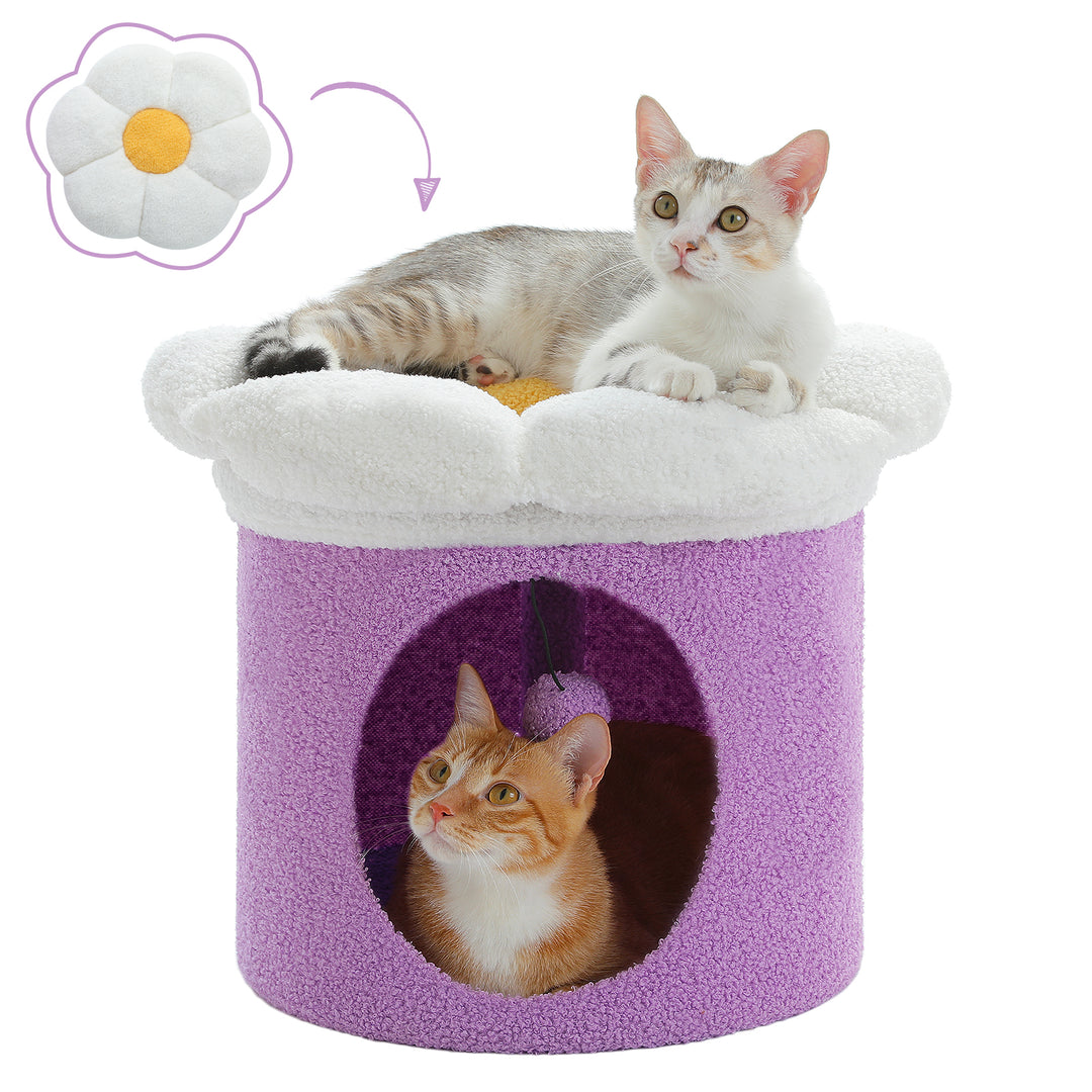 Cozy Flower Cat House with Pompom Ball - Double-Deck Cat Condo