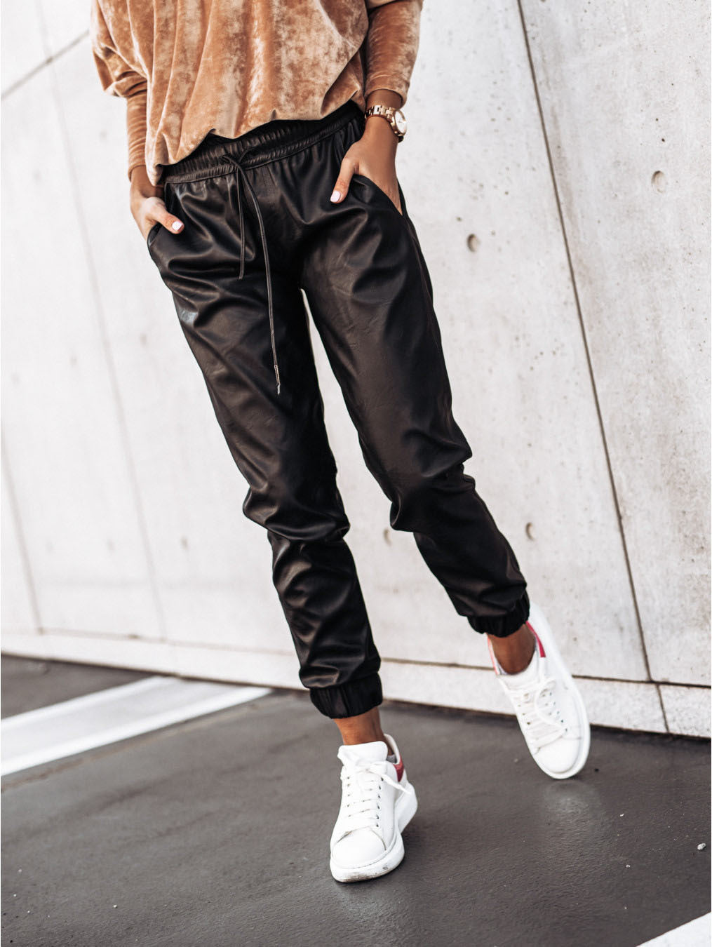 Fashion Casual Small Feet PU Belt Pants