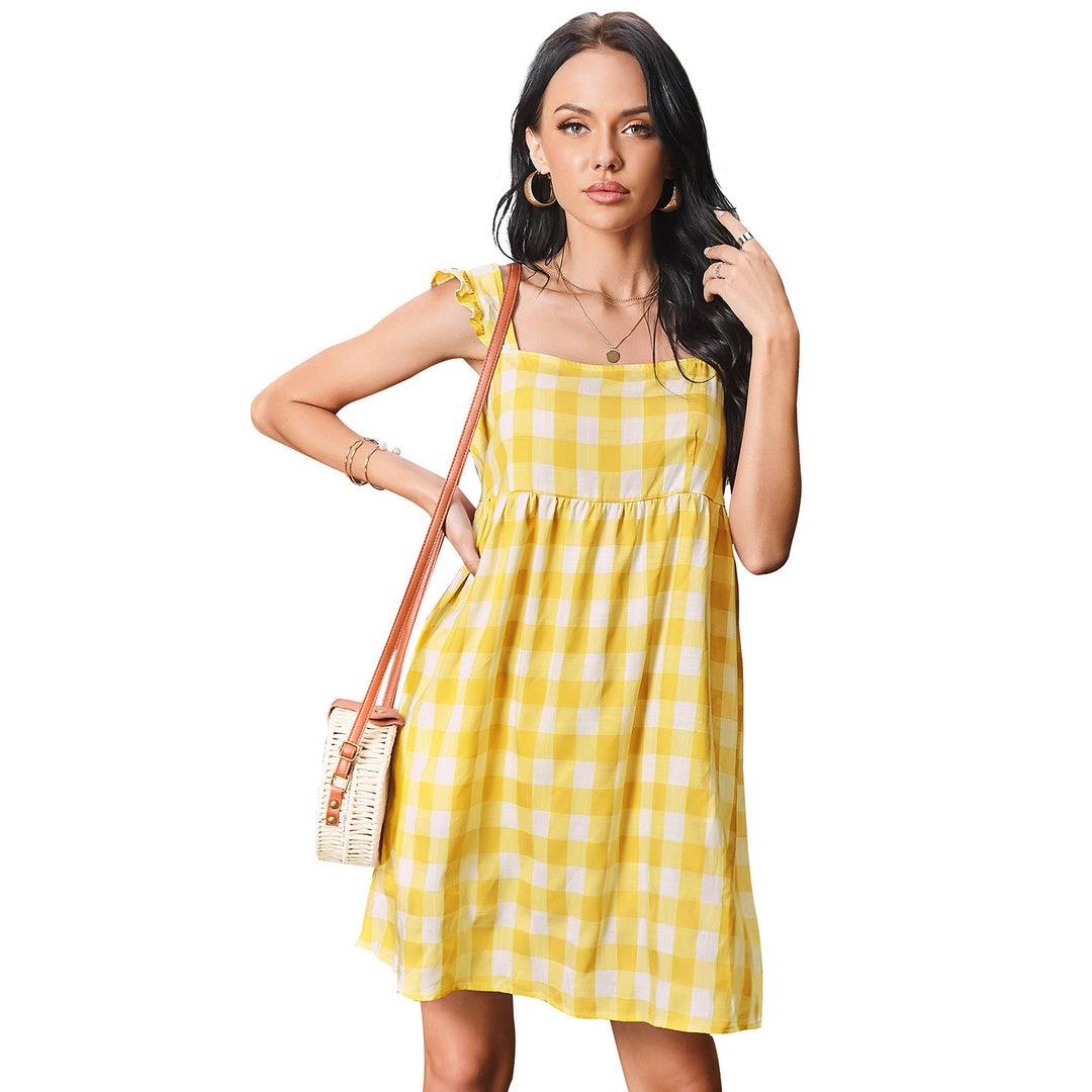 Square Collar Plaid Wooden Ear Swing Dress