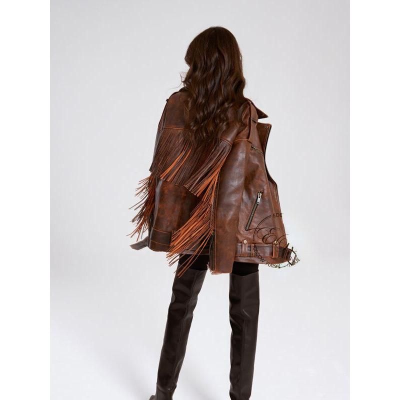 Stylish Oversized Faux Leather Jacket with Tassels for Women