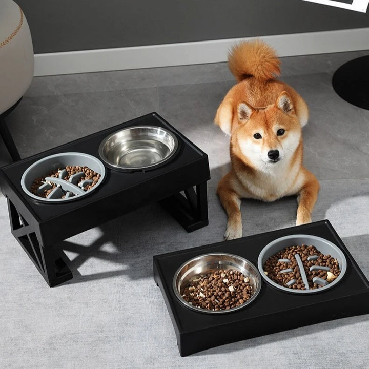 Adjustable Height Dog Bowl Stand with Slow Feeding Option - Suitable for Medium to Large Dogs