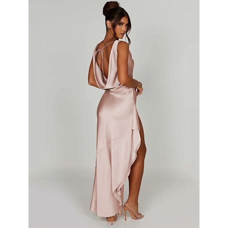 Elegant Satin Backless Split Maxi Dress