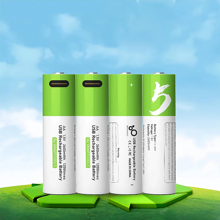 USB Rechargeable AA 1.5V 2600mAh Lithium Batteries (4pcs) for Remote Controls, Toys + Cable