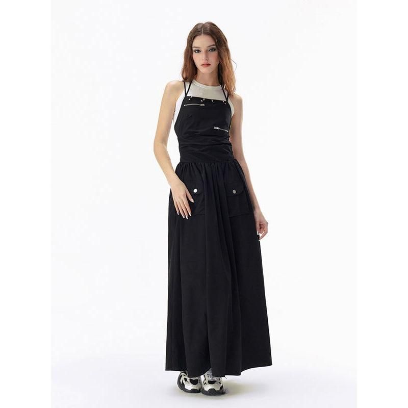 Elegant Basic Solid Black Backless Bandage Maxi Dress with Pockets