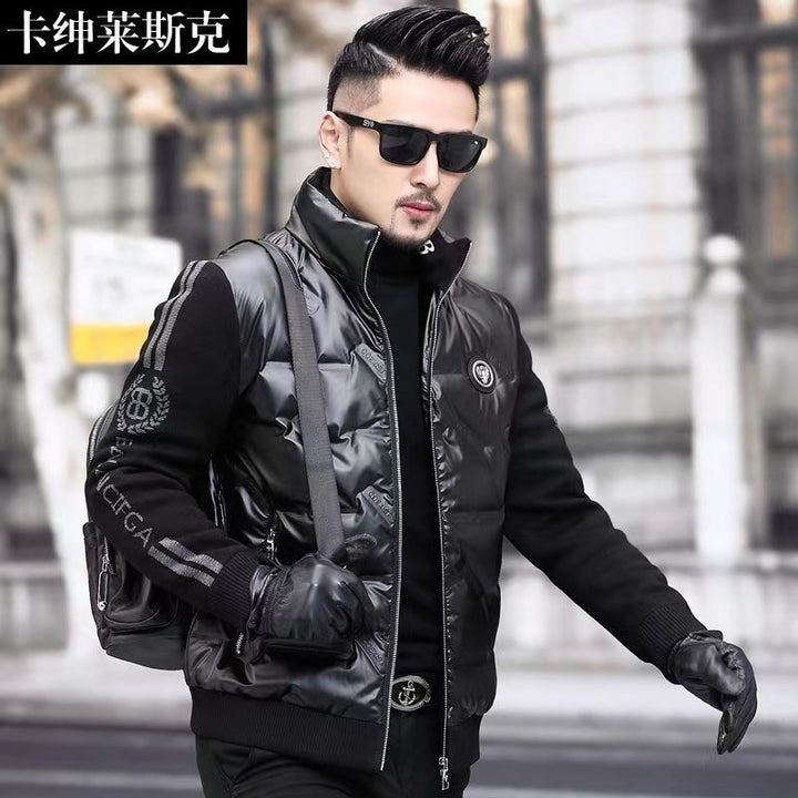 Down Jacket Men's Stand Collar Knitted Sleeve Casual Duck Down Coat