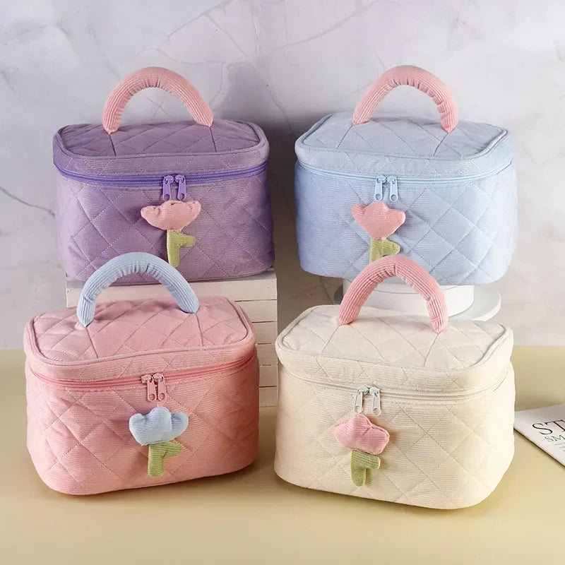 Fashion Women's Tulip Flowers Corduroy Cosmetic Bag