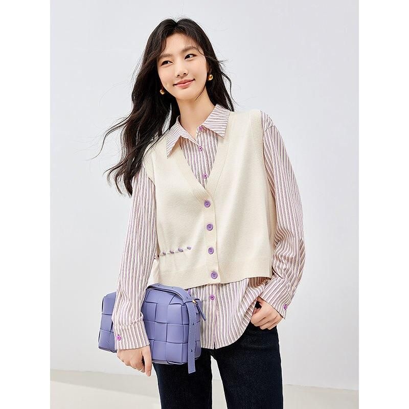 Autumn Long Sleeve Polo Neck Casual Stripe Blouse & Knitted Vest Set
