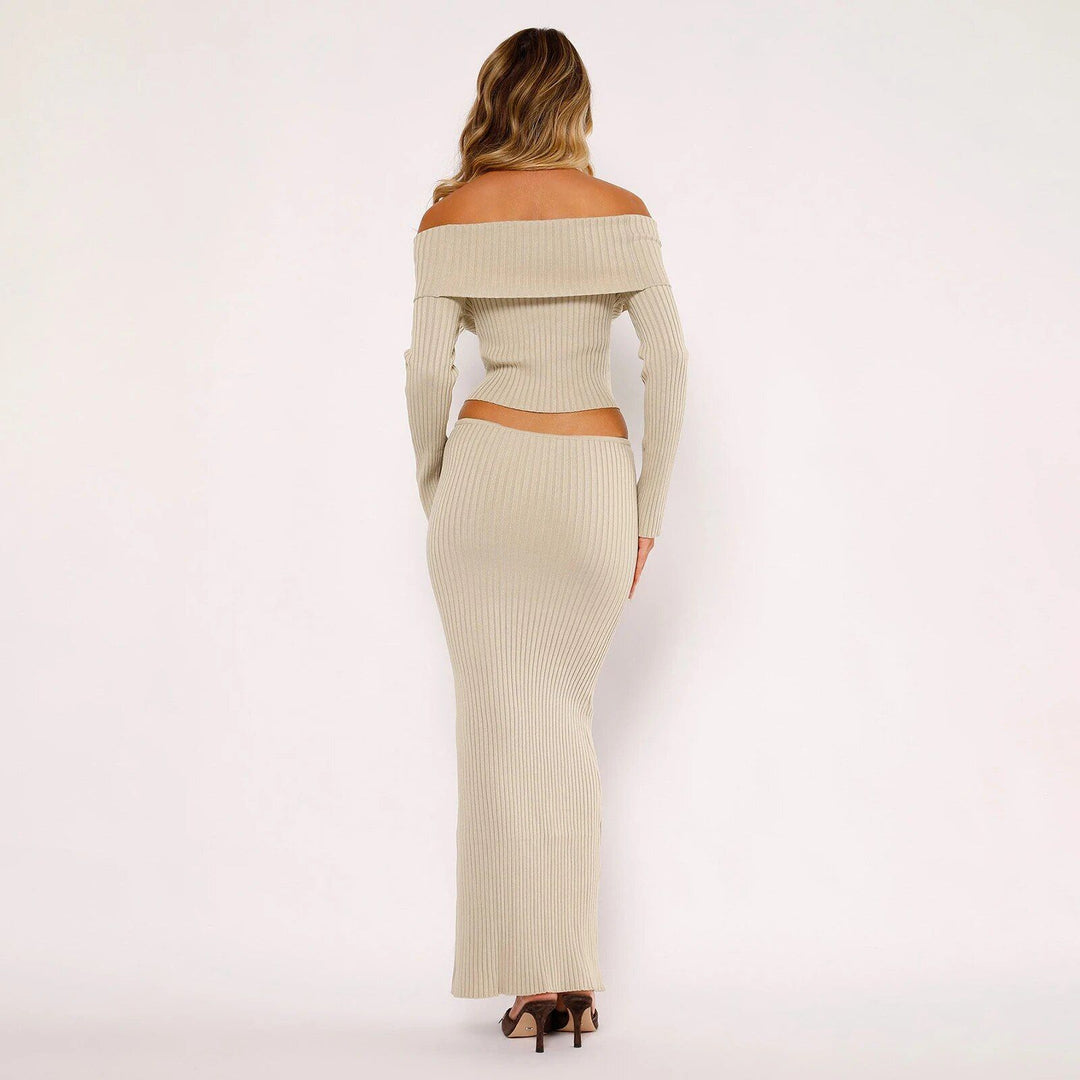 Elegant Off Shoulder Knitted Women's Suit: Long Sleeve Top & Long Skirt Set