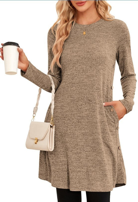 Women's Long Sleeve Low Round Neck Button Side Dress With Pockets