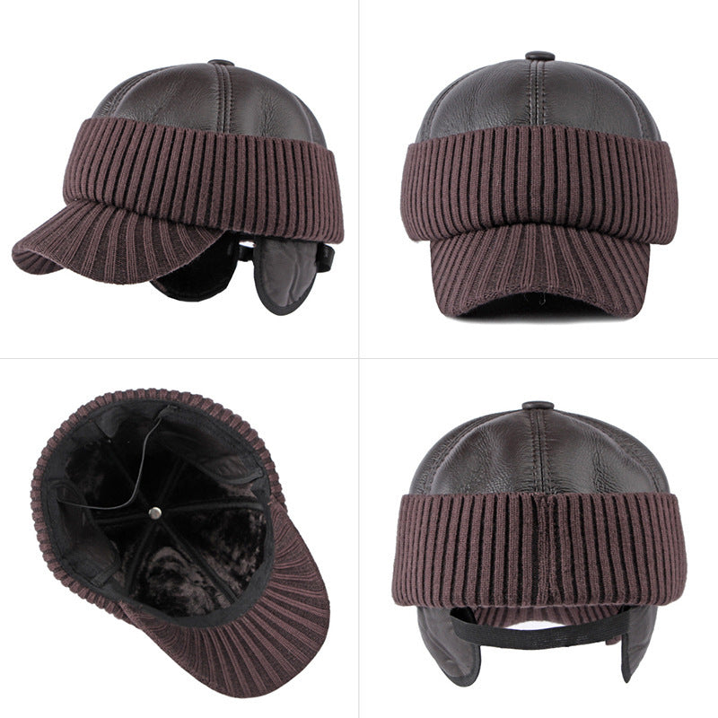 Men's Winter Leather Earflaps Warm PU Thickened Baseball Cap Hat