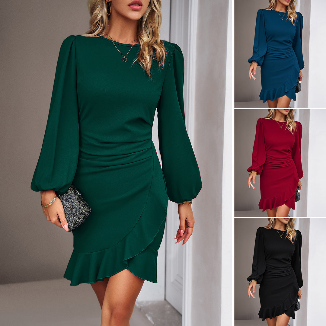 Women's Puff Long Sleeve Fashion Graceful Solid Color Slim Hip-covering Short Dress Womens Clothing