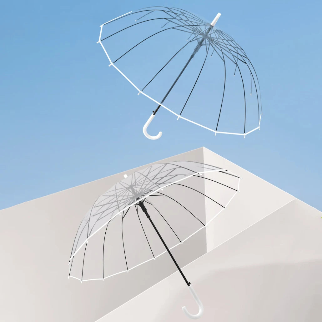 Transparent 16-Rib Umbrella with Long Handle