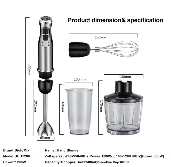1200W 4-in-1 Immersion Hand Blender with Attachments for Chopping and Smoothies