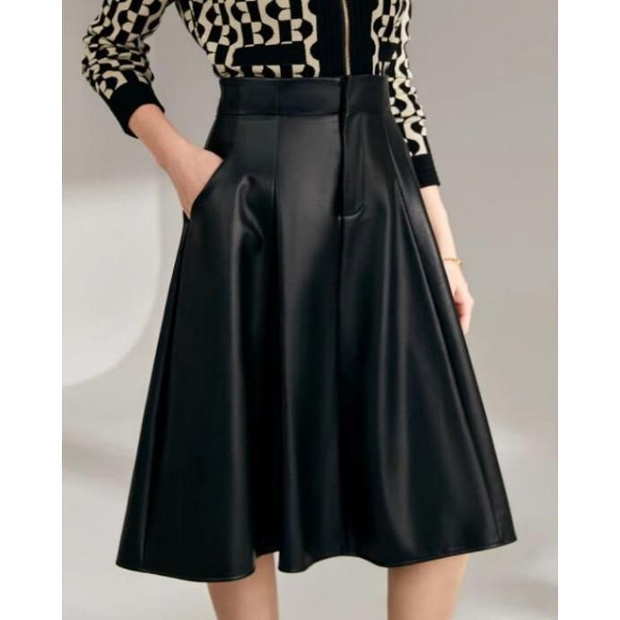 High Waist A-Line Knee-Length Black PU Leather Skirt