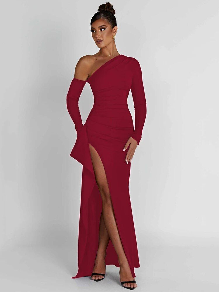 Chic Oblique Shoulder Thigh-High Split Maxi Dress - Sleeveless Backless Bodycon for Evening Parties